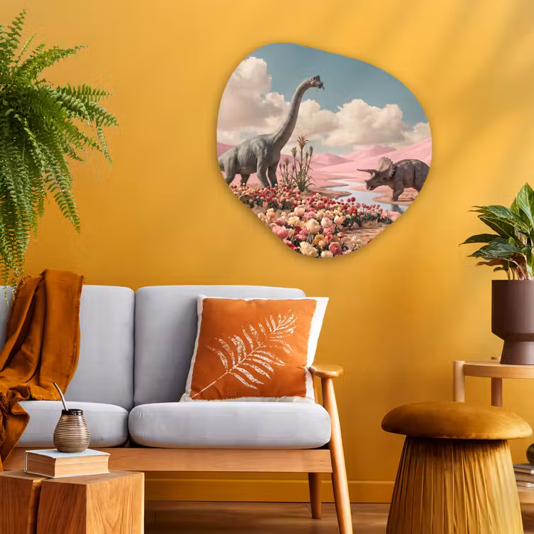 Organic painting - Aluminum -. Dinosaur - Pink - Landscape - Dinosaurus - Roze - Landschap Wandcirkel Organisch Aluminium middel