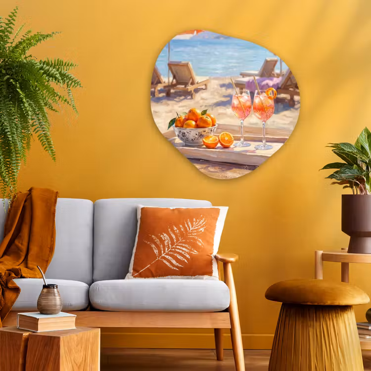 Drank - Glazen - Strand - Zomer - Oranje Wandcirkel Organisch Aluminium middel -sfeer4