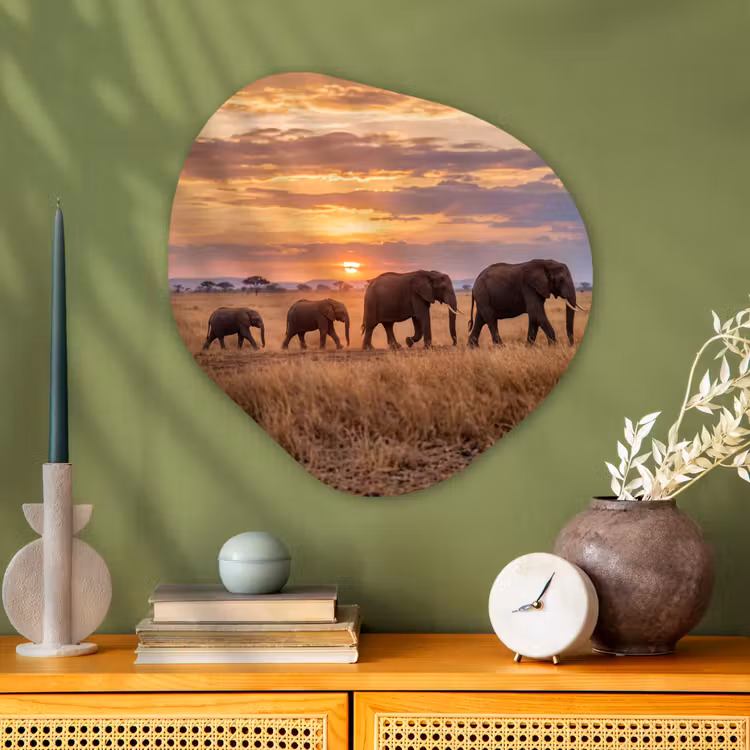 Olifanten - Savanne - Zonsondergang - Afrika - Warm Wandcirkel Organisch Aluminium middel -sfeer2
