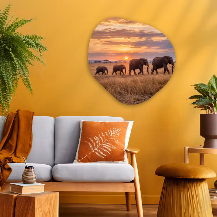 Olifanten - Savanne - Zonsondergang - Afrika - Warm Wandcirkel Organisch Aluminium middel -sfeer4