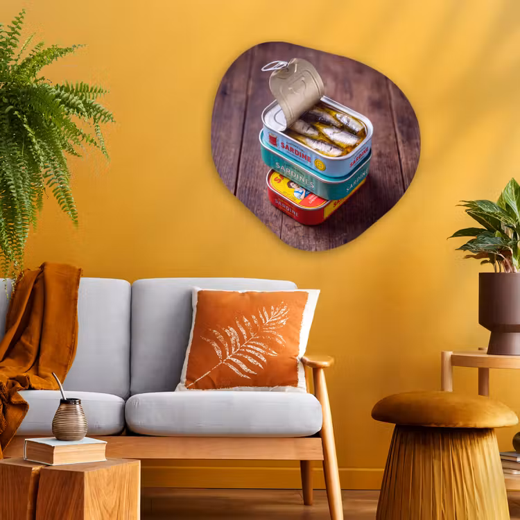 Organic painting - Aluminum -. Fish - Cans - Kitchen - Vis - Blikjes - Keuken Wandcirkel Organisch Aluminium middel