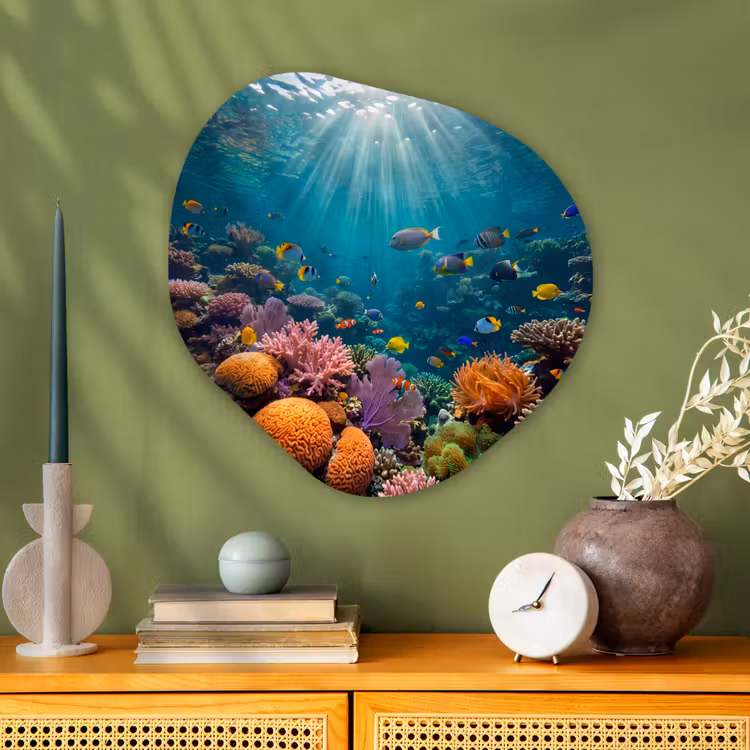 Vis - Koraal - Oceaan - Natuur - Kleurrijk Wandcirkel Organisch Aluminium middel -sfeer2