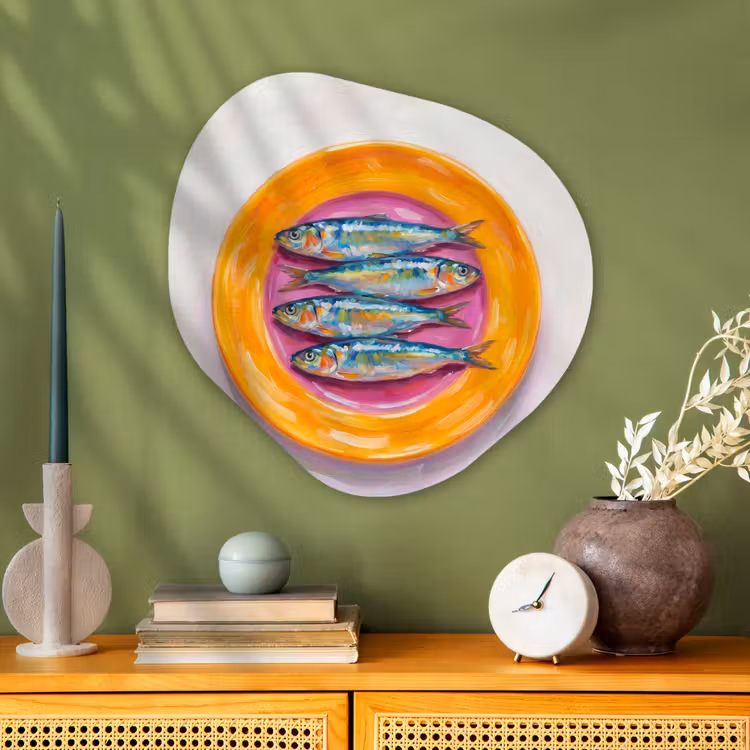 Vis - Vier - Eten - Modern - Kleurrijk Wandcirkel Organisch Aluminium middel -sfeer2