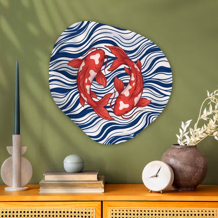 Vis - Water - Natuur - Illustratie - Rood Wandcirkel Organisch Aluminium middel -sfeer2