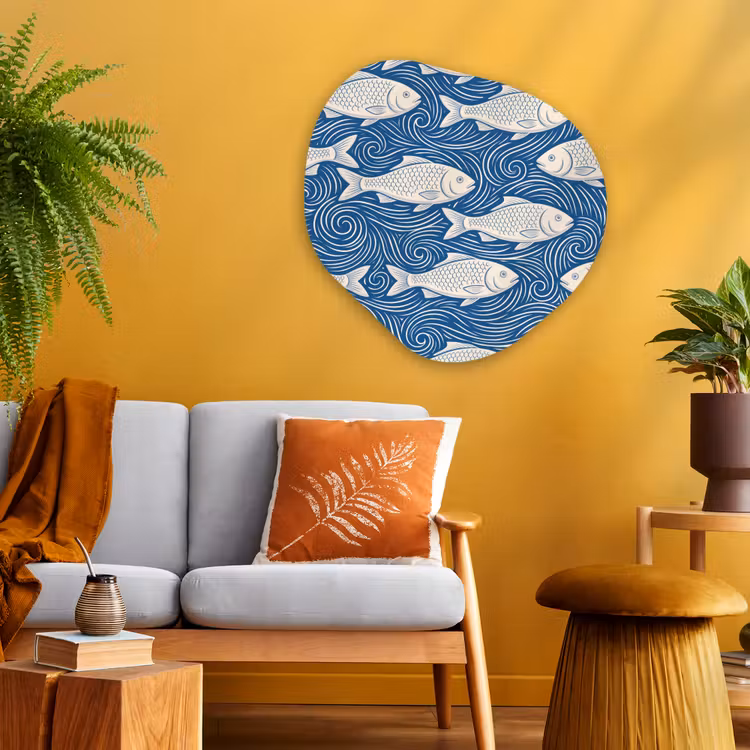 Vis - Water - Patroon - Grafisch - Blauw Wandcirkel Organisch Aluminium middel -sfeer4