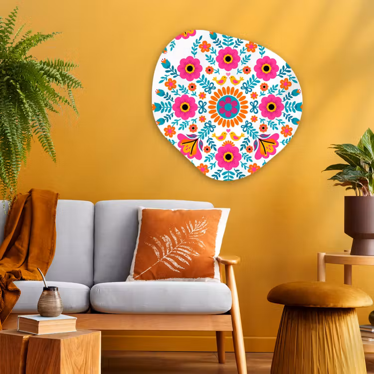 Bloemen - Vogel - Patroon - Kleurrijk - Modern Wandcirkel Organisch Aluminium middel -sfeer4