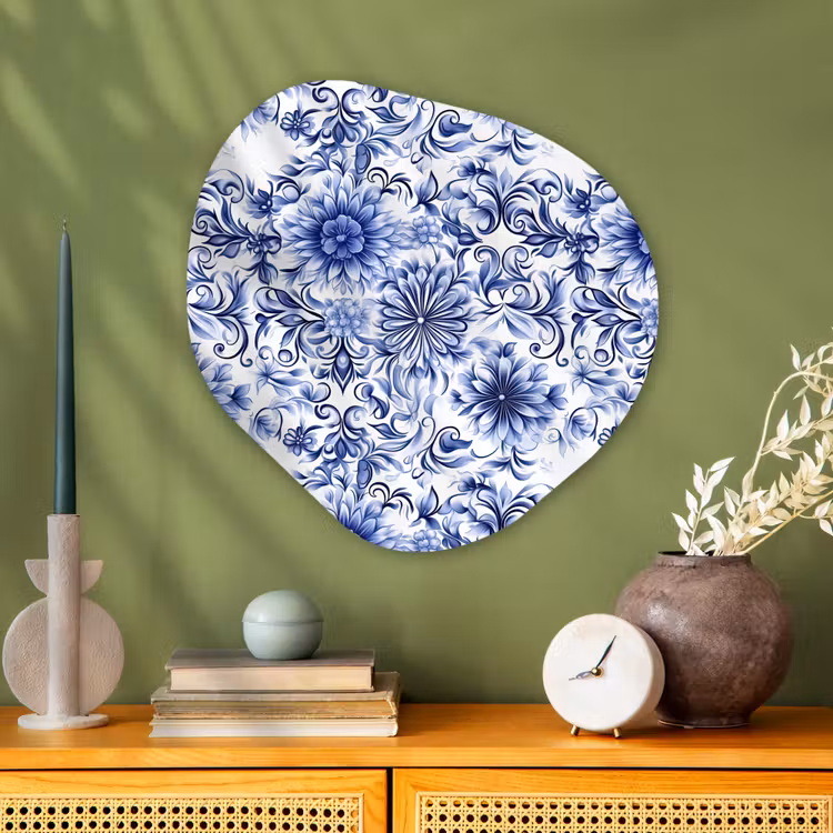 Bloemen - Blauw - Patroon - Wit Wandcirkel Organisch Aluminium middel 851 -sfeer2