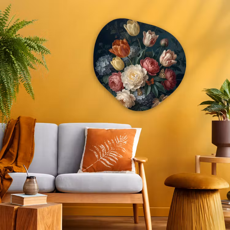 Bloemen - Boeket - Natuur - Klassiek - Donker Wandcirkel Organisch Aluminium middel -sfeer4