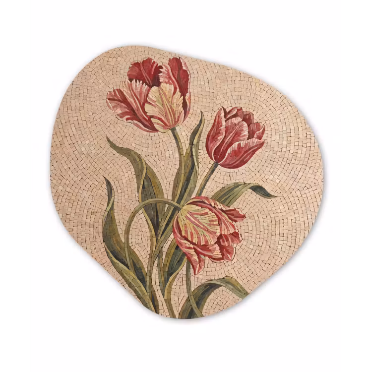 Bloemen - Mozaïek - Rood - Groen - Kunst Wandcirkel Organisch Aluminium middel -3d