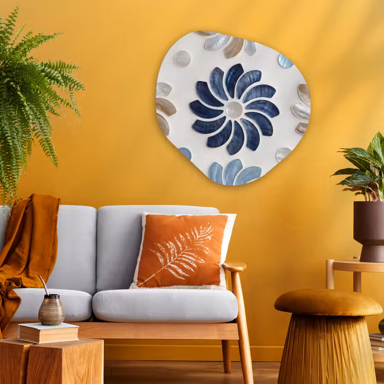 Bloemen - Parelmoer - Abstract - Patroon - Blauw Wandcirkel Organisch Aluminium middel -sfeer4