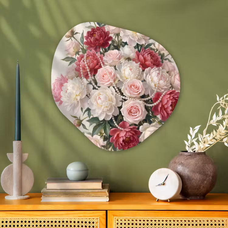 Bloemen - Parels - Romantiek - Klassiek - Roze Wandcirkel Organisch Aluminium middel -sfeer2