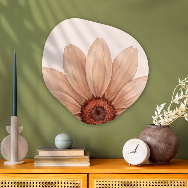 Bloemen - Bloemblad - Natuur - Aquarel - Beige Wandcirkel Organisch Aluminium middel -sfeer2