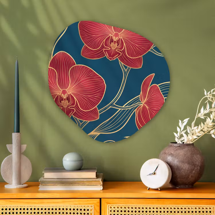 Organic painting - Aluminum -. Flowers - Red - Gold - Bloemen - Rood - Goud Wandcirkel Organisch Aluminium middel