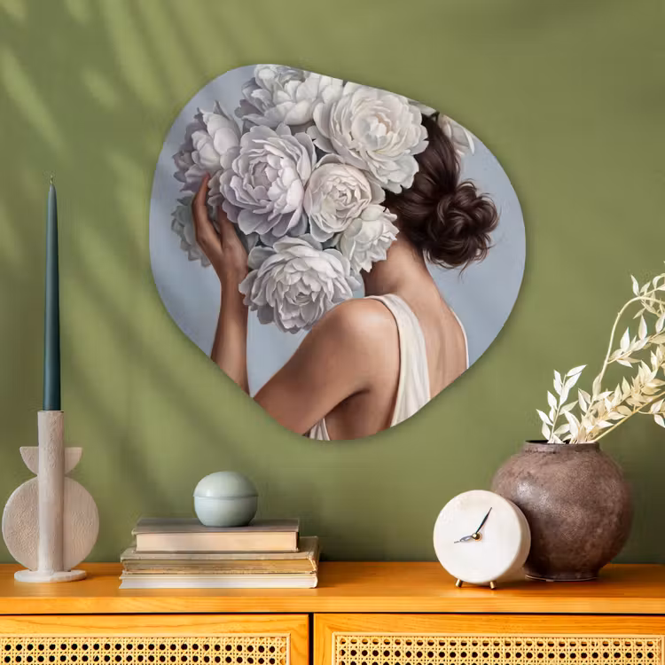 Bloemen - Vrouw - Wit Wandcirkel Organisch Aluminium middel -sfeer2