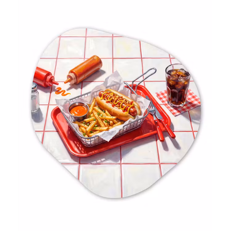 Eten - Hotdog - Fastfood - Modern - Rood Wandcirkel Organisch Aluminium middel -3d