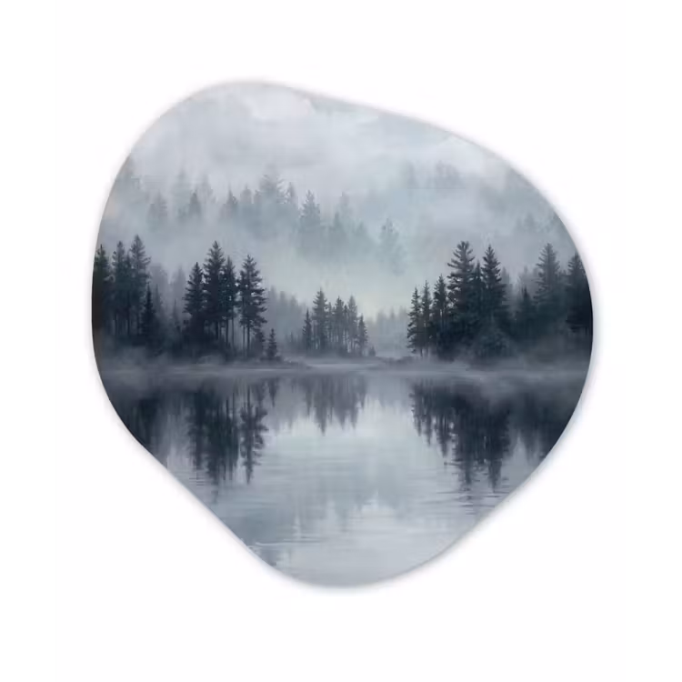 Bos - Meer - Mist - Natuur - Grijs Wandcirkel Organisch Aluminium middel -3d