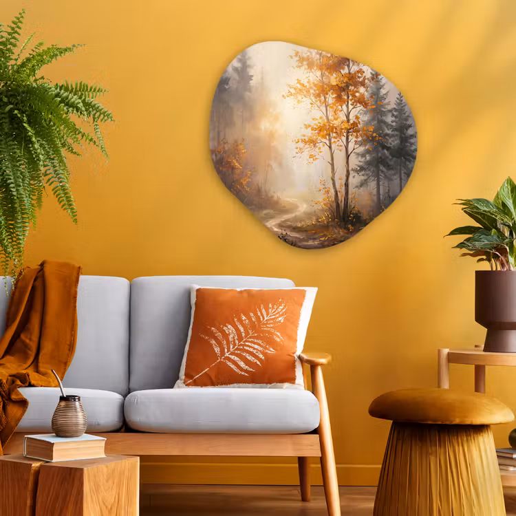 Bospad - Herfstbladeren - Natuur - Schilderachtig - Oranje Wandcirkel Organisch Aluminium middel -sfeer4
