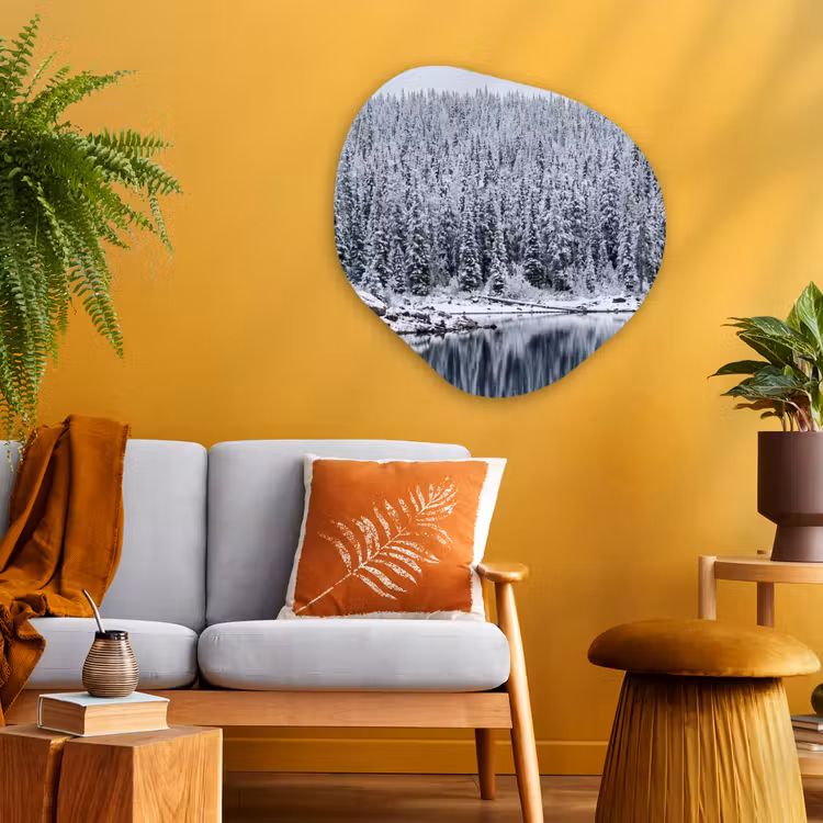 Bos - Reflectie - Meer - Winter - Serene Wandcirkel Organisch Aluminium middel -sfeer4