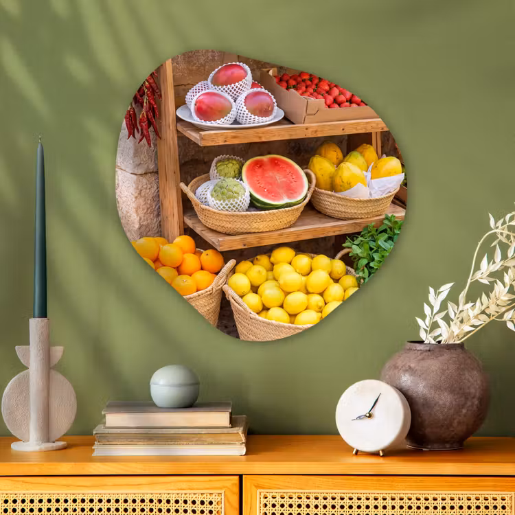 Organic painting - Aluminum -. Fruit - Market - Fresh - Fruit - Markt - Vers Wandcirkel Organisch Aluminium middel
