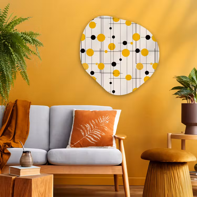 Geometrisch - Retro - Lijnen - Okergeel - Zwart Wandcirkel Organisch Aluminium middel 851 -sfeer4