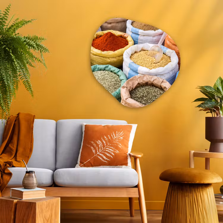 Organic painting - Aluminum -. Herbs - Bags - Market - Kruiden - Zakken - Markt Wandcirkel Organisch Aluminium middel