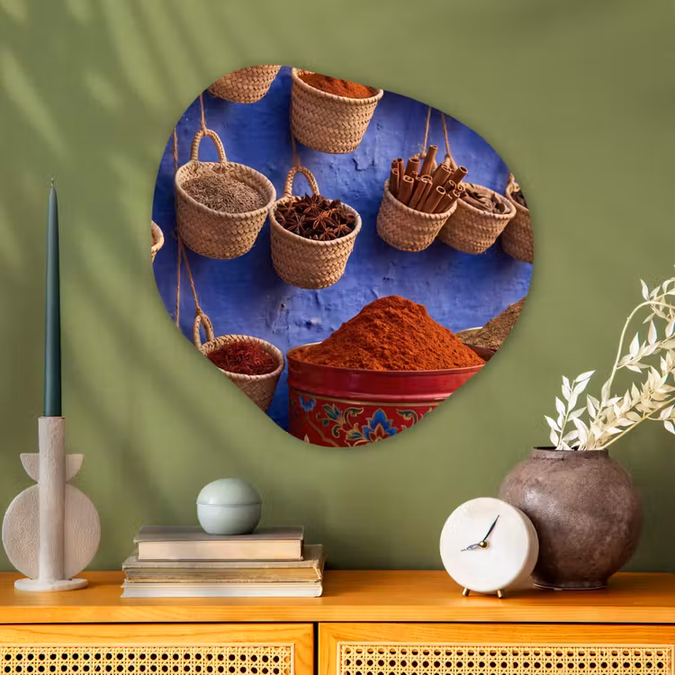 Organic painting - Aluminum -. Herbs - Baskets - Market - Kruiden - Manden - Markt Wandcirkel Organisch Aluminium middel