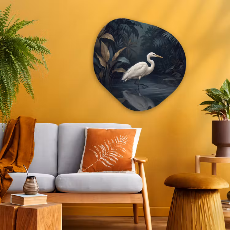Reiger - Water - Natuur - Modern - Wit Wandcirkel Organisch Aluminium middel -sfeer4