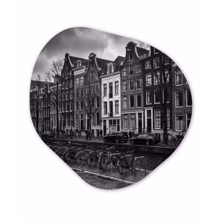 Huis - Gracht - Amsterdam - Architectuur - Zwart-wit Wandcirkel Organisch Aluminium middel -3d