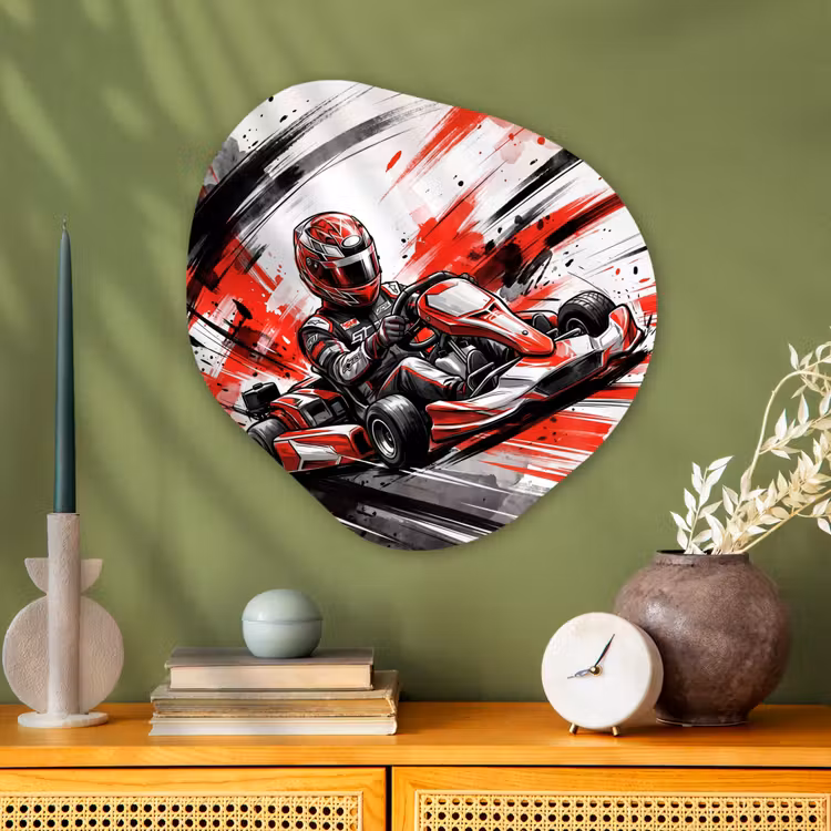 Kart - Coureur - Snelheid - Rood Wandcirkel Organisch Aluminium middel -sfeer2