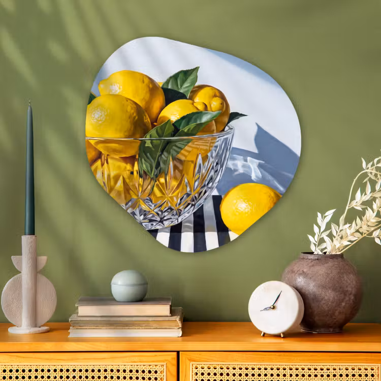 Organic painting - Aluminum -. Lemons - Fruit - Yellow - Citroenen - Fruit - Geel Wandcirkel Organisch Aluminium middel