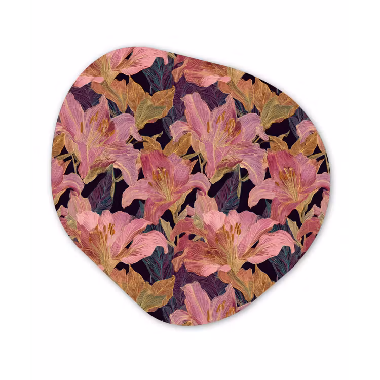 Lelies - Patroon - Roze - Goud Wandcirkel Organisch Aluminium middel 851 -3d