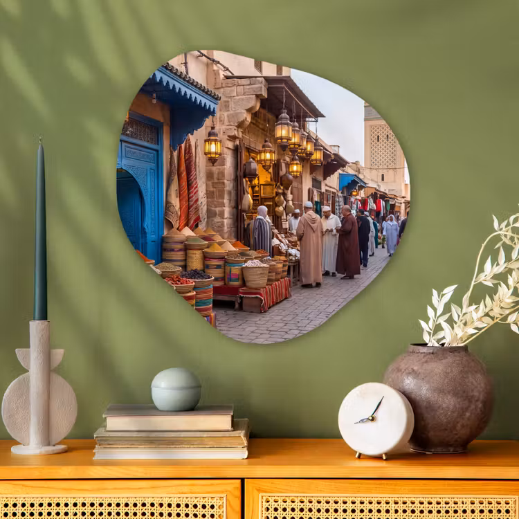 Organic painting - Aluminum -. Market - Oriental - Colorful - Markt - Oosters - Kleurrijk Wandcirkel Organisch Aluminium middel