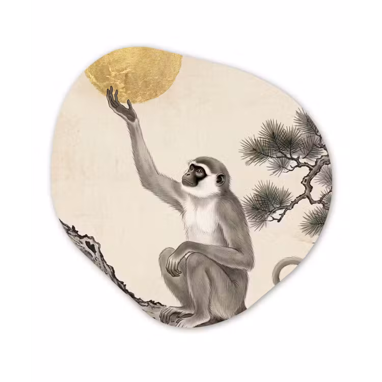 Aap - Maan - Goud Wandcirkel Organisch Aluminium middel -3d