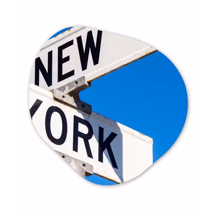New York - Straatbord - Stad - Urban - Blauw Wandcirkel Organisch Aluminium middel -3d