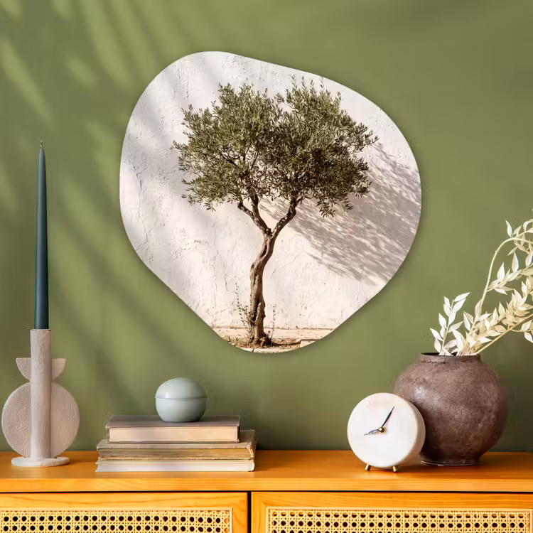 Organic painting - Aluminum -. Olive Tree - Wall - White - Olijfboom - muur - wit Wandcirkel Organisch Aluminium middel