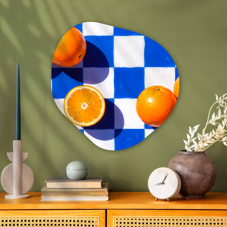 Organic painting - Aluminum -. Orange - Checkered - Food - Sinaasappel - Geruit - Eten Wandcirkel Organisch Aluminium middel