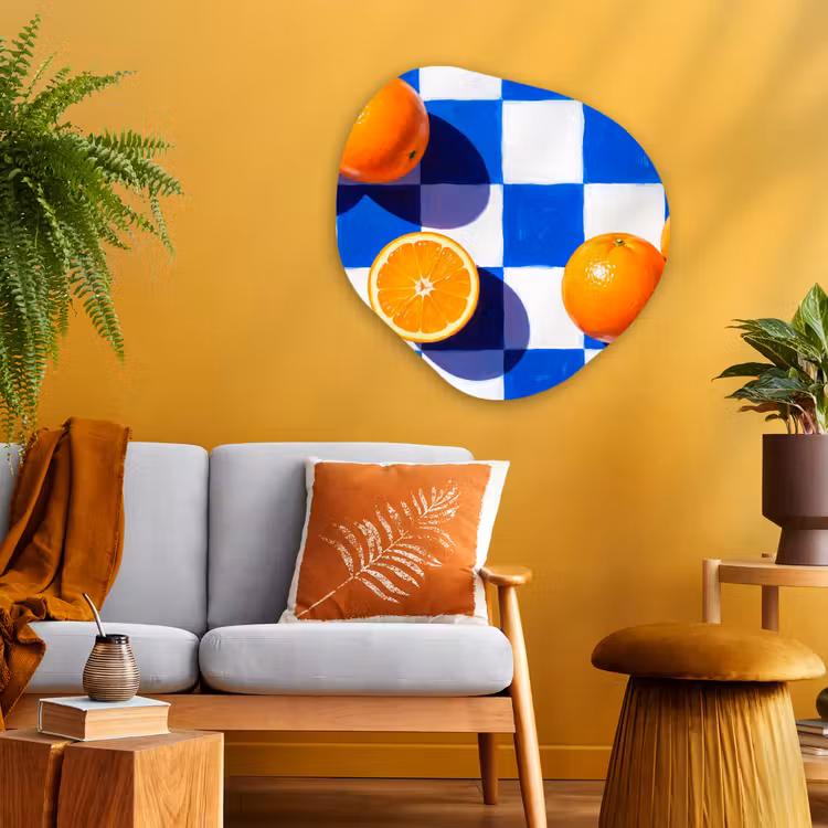 Organic painting - Aluminum -. Orange - Checkered - Food - Sinaasappel - Geruit - Eten Wandcirkel Organisch Aluminium middel