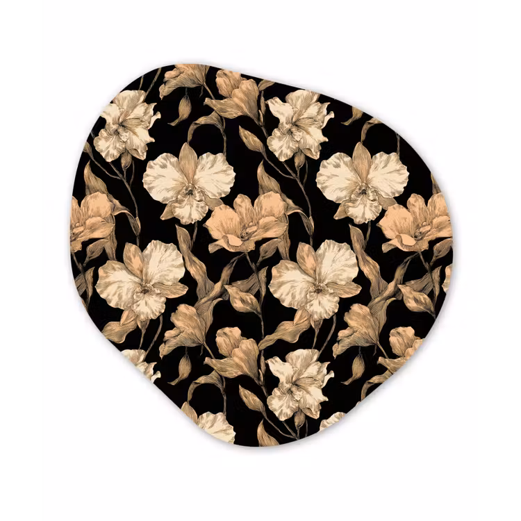 Orchideeën - Lijntekening - Patroon - Beige - Zwart Wandcirkel Organisch Aluminium middel 851 -3d