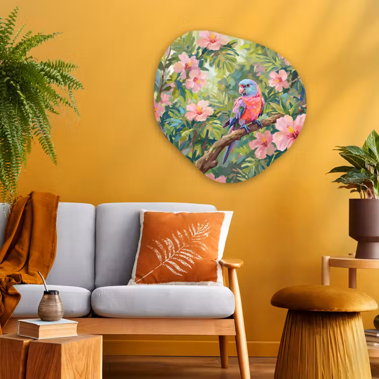 Papagaai - Hibiscusbloemen - Kleurrijk Wandcirkel Organisch Aluminium middel -sfeer4