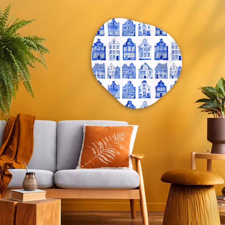 Patroon - Huizen - Blauw Wandcirkel Organisch Aluminium middel 851 -sfeer4