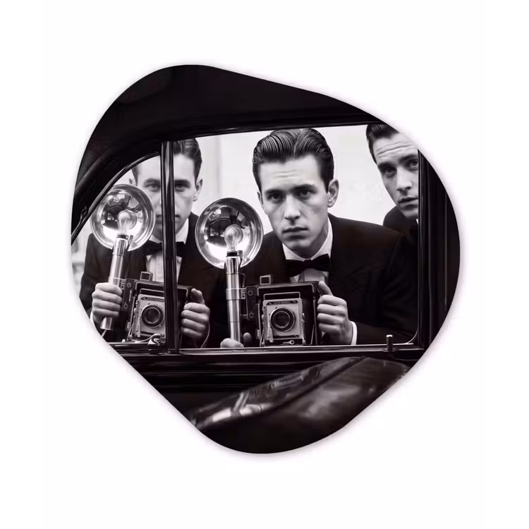 Fotograaf - Camera - Vintage - Journalistiek - Zwart-wit Wandcirkel Organisch Aluminium middel -3d