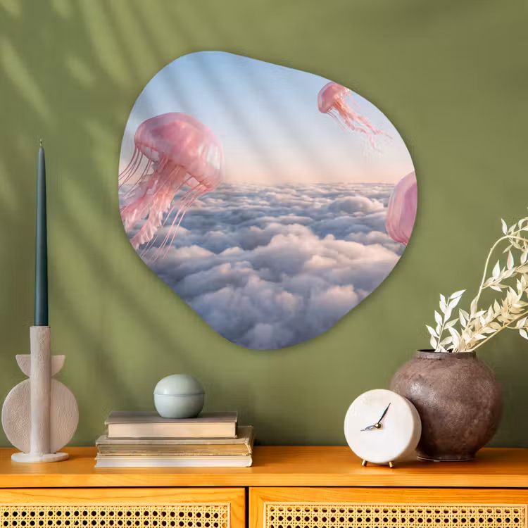 Organic painting - Aluminum -. Pink Animal - Clouds - Roze dier - Wolken Wandcirkel Organisch Aluminium middel