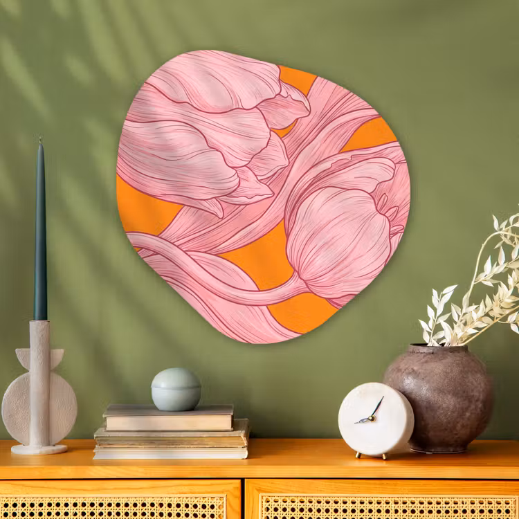 Organic painting - Aluminum -. Pink Flowers - Modern - Roze bloemen - Modern Wandcirkel Organisch Aluminium middel
