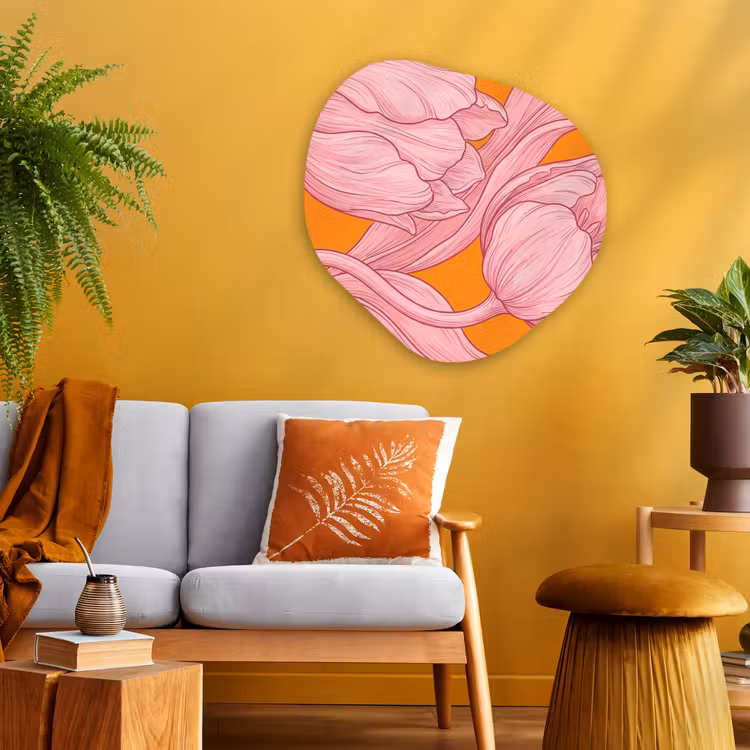 Organic painting - Aluminum -. Pink Flowers - Modern - Roze bloemen - Modern Wandcirkel Organisch Aluminium middel
