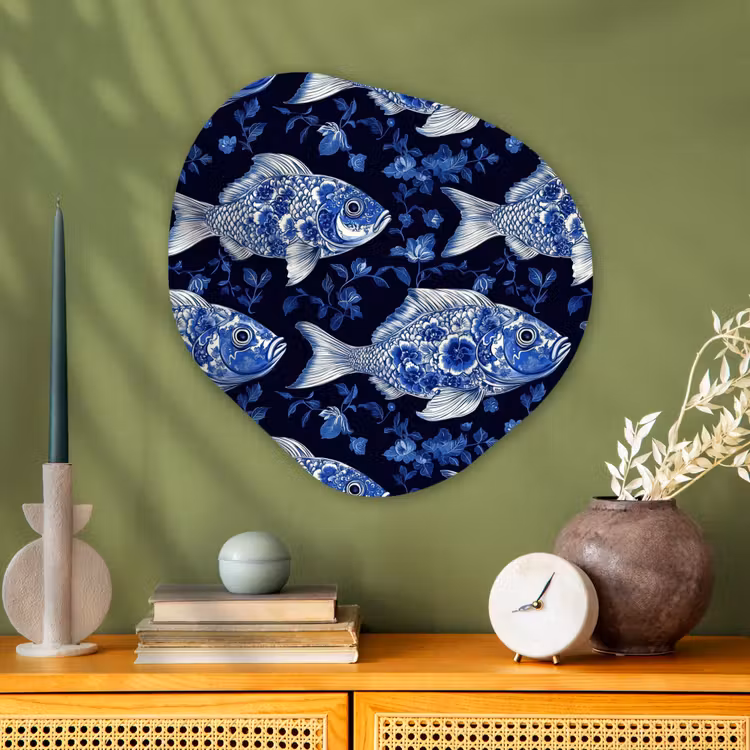 Vissen - Bloemen - Blauw Wandcirkel Organisch Aluminium middel 851 -sfeer2