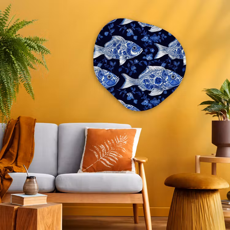 Vissen - Bloemen - Blauw Wandcirkel Organisch Aluminium middel 851 -sfeer4