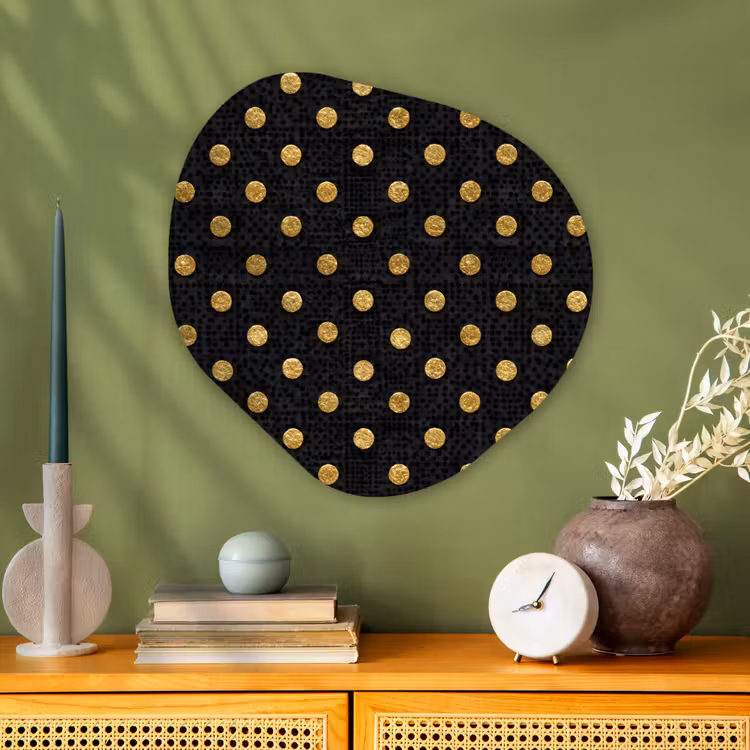 Polka Dot - Stippen - Goud - Zwart Wandcirkel Organisch Aluminium middel 851 -sfeer2