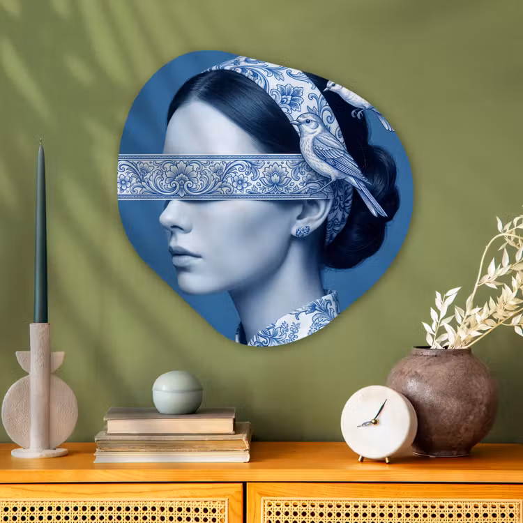 Portret - Klassiek - Wit - Blauw Wandcirkel Organisch Aluminium middel -sfeer2