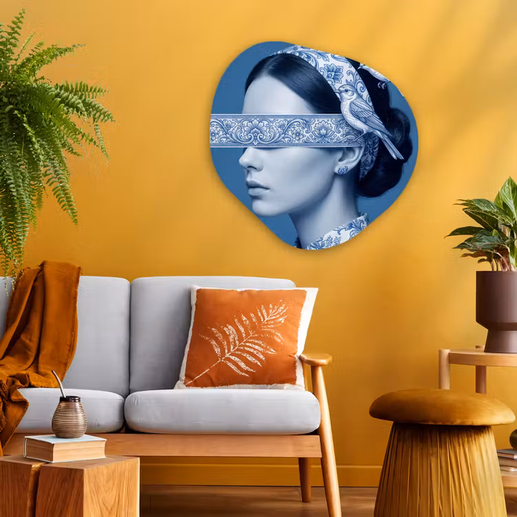 Portret - Klassiek - Wit - Blauw Wandcirkel Organisch Aluminium middel -sfeer4