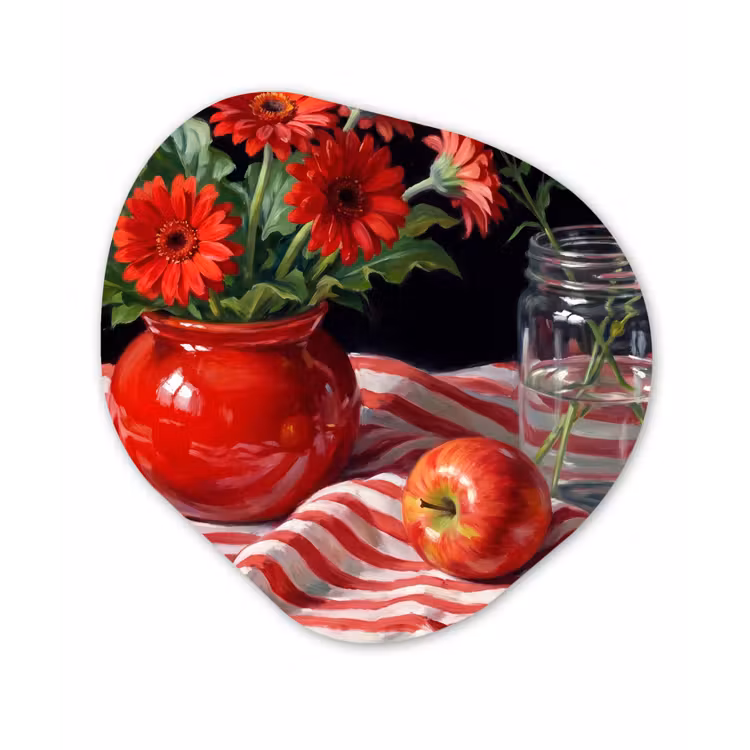 Organic painting - Aluminum -. Red Flowers - Vase - Rode bloemen - Vaas Wandcirkel Organisch Aluminium middel